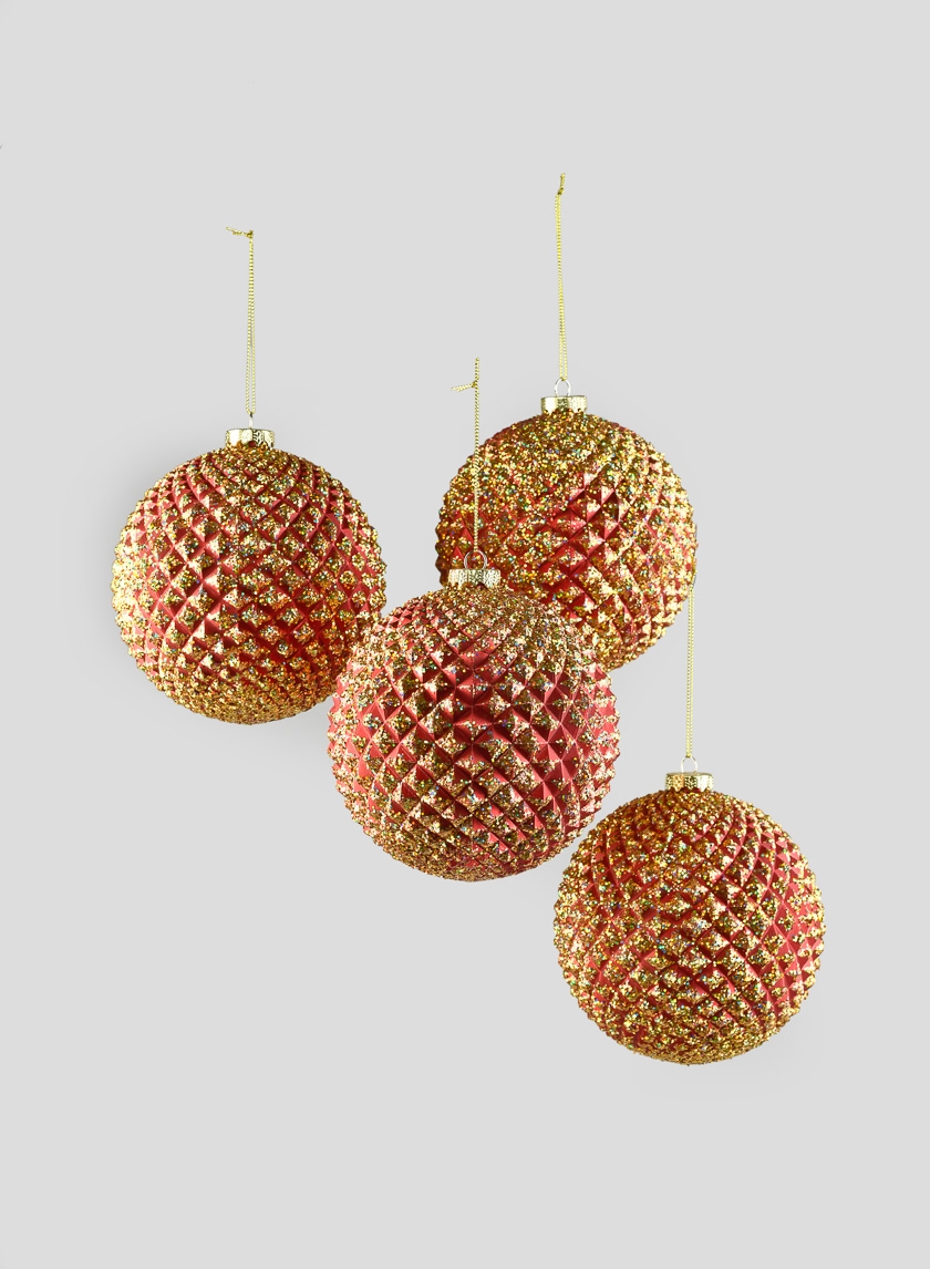 5in Red/Gold Durian Glitter Ball, Set of 4