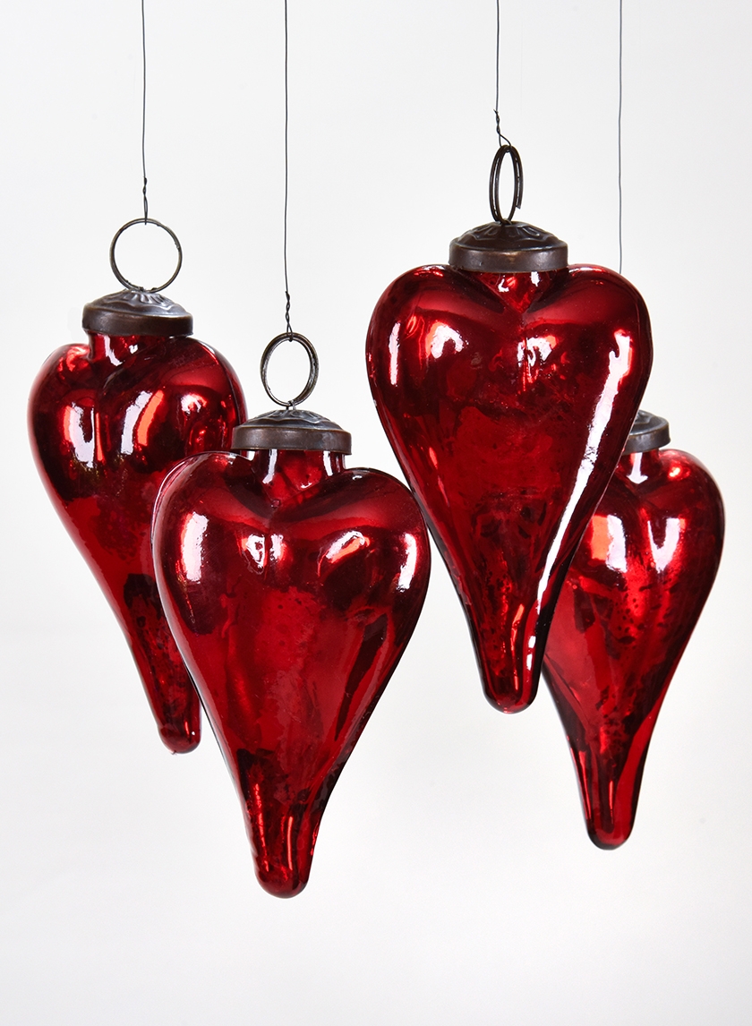 3in Antique Red Glass Heart In Window Box, Set of 4