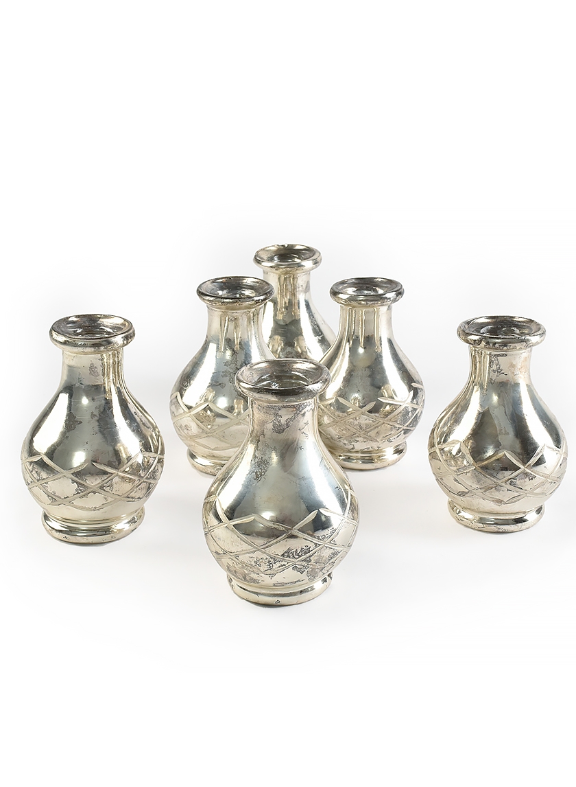 4in Cut Work Antique Silver Bottle Vase, Set of 6