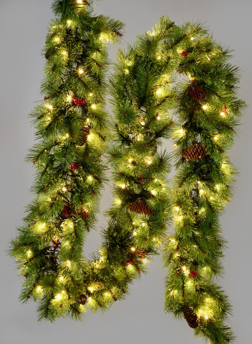 9ft Pine Garland With 150 LED Lights, Pine Cones & Berries