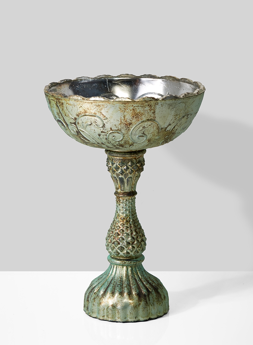 verdigris glass pedestal flower compote
