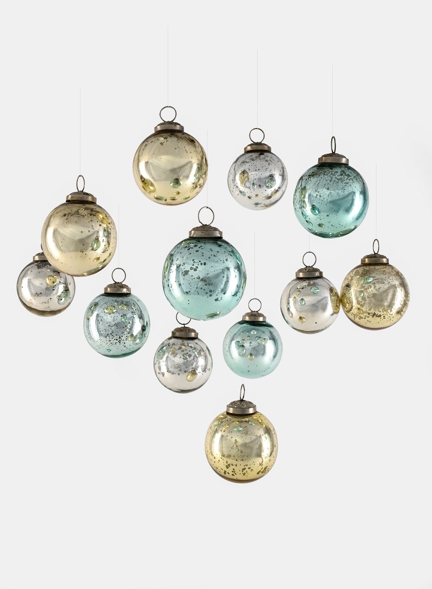 2 1/2in Gold, Silver, & Blue Vintage Glass Ornament Balls, Set of 12