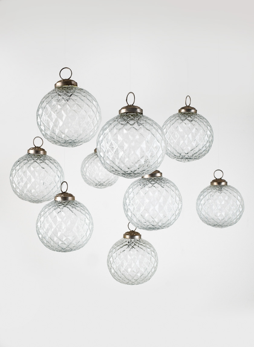 3in Clear Diamond Glass Ornament Balls, Set of 9