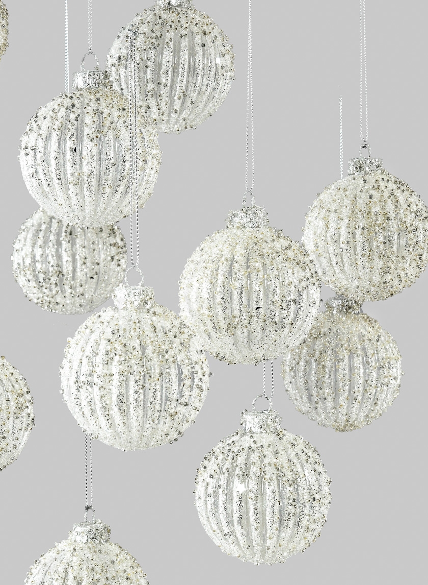 Silver Glitter Ribbed Glass Ornament,, Set of 12