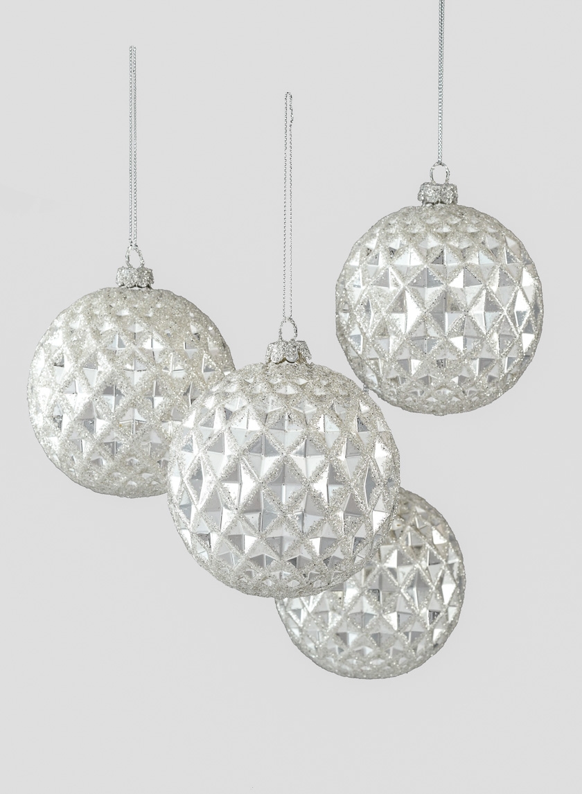 4in Glitter Silver Vine Glass Ball Ornament, Set of 4