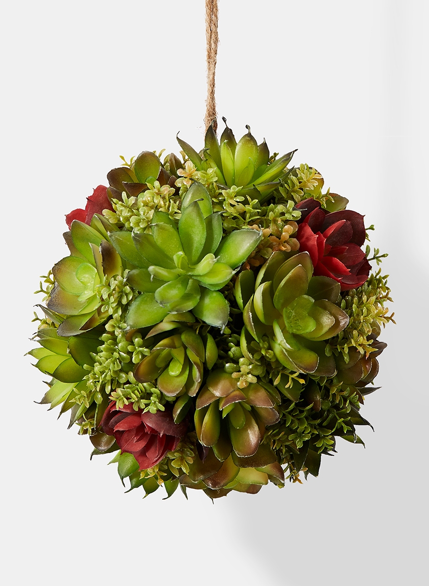 red and green faux succulent ball