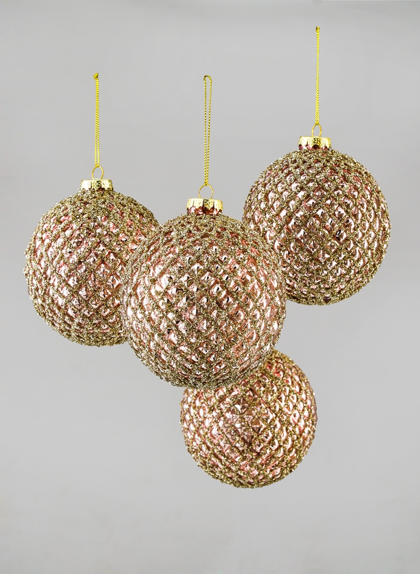 4in Glittered Rose Gold Hobnail Glass Ornament Ball, Set of 4