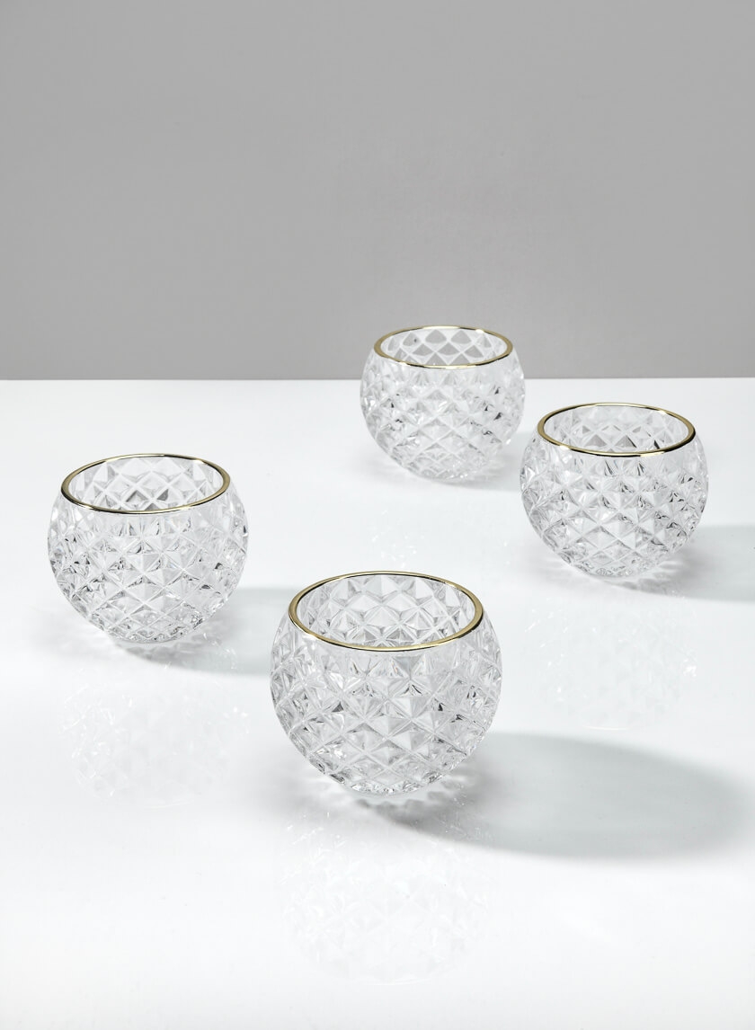 Gold Rim Diamond Glass Fishbowl Tea Light Holder, Set of 4