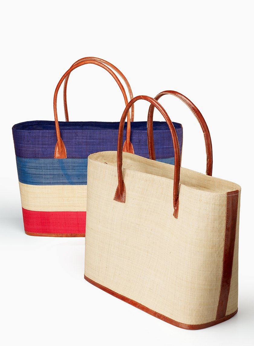 Natural & Red, Natural, & Blue Raffia & Leather Bags