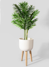 14 ¼in White Sandstone Round Pot On Wooden Leg