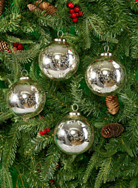 4in Antique Silver Glass Ornament Ball In Window Box, Set of 4