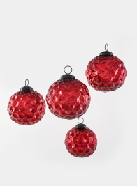 4in Red Diamond Dimple Glass Ball Ornament, Set of 4
