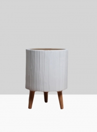 15 3/4in Ripple Matte White Ceramic Planter With Wood Legs