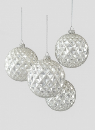 4in Glitter Silver Vine Glass Ball Ornament, Set of 4
